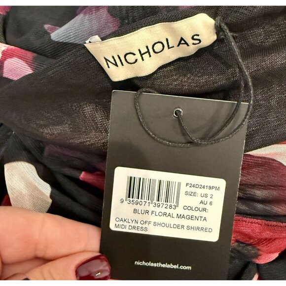 NICHOLAS Oaklyn Off Shoulder Shirred Midi Dress in Blur Floral Magenta - Size 2 - Picture 7 of 7